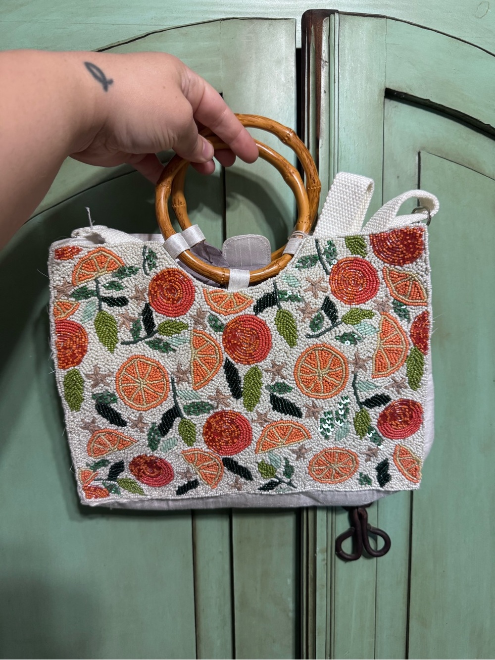 White Beaded Crossbody Bag with Orange Citrus Embroidery and Bamboo Handles
